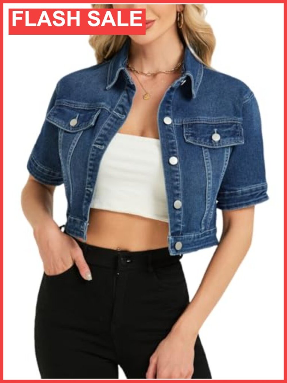 Cropped Denim Jacket Short Sleeve Button Down Slim Fit Trucker Jean Coat